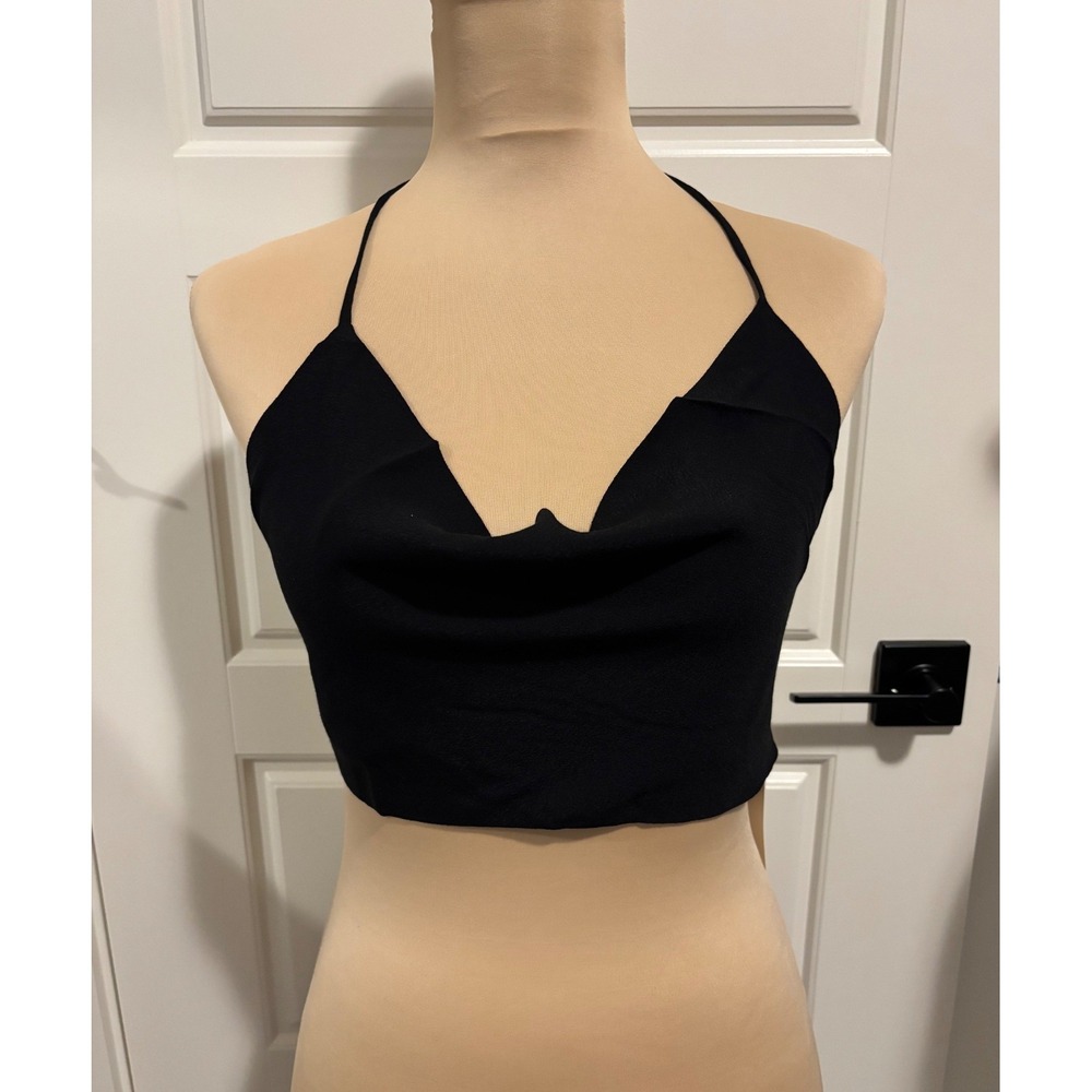 Olivaceous Halter Crop Top Womens Medium Black Cowl Neck‎ Open Back Tie Vacation